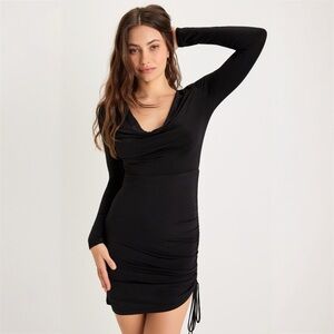 Lulus Serious Stunner Black Ruched Long Sleeve Mini Bodycon Dress Size S